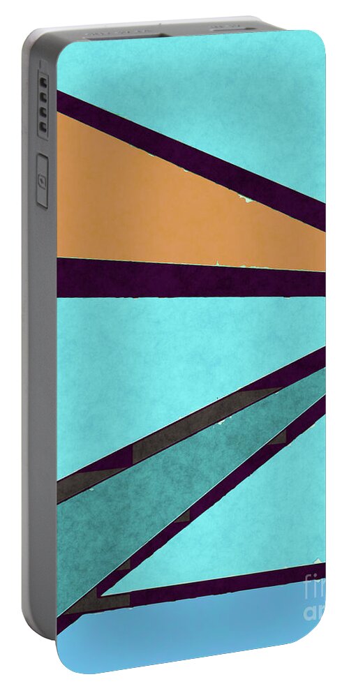 Retro Portable Battery Charger featuring the digital art Retro Geometrical Triangles in Blue Shades and Orange by Idan Badishi