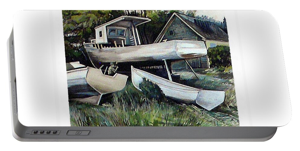 Rodney Mackay Portable Battery Charger featuring the painting Richardson Boat Shop by Art MacKay