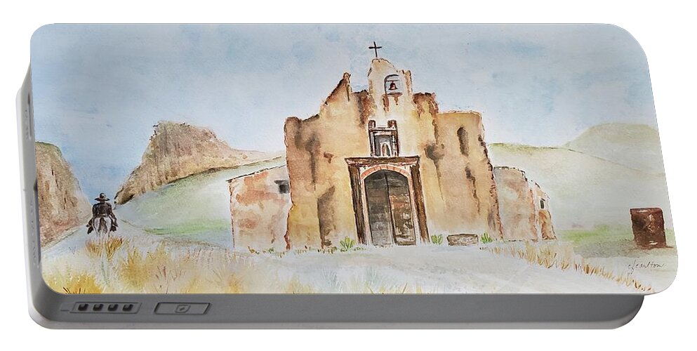 Cowboy Portable Battery Charger featuring the painting Riding Past the Cross by Claudette Carlton