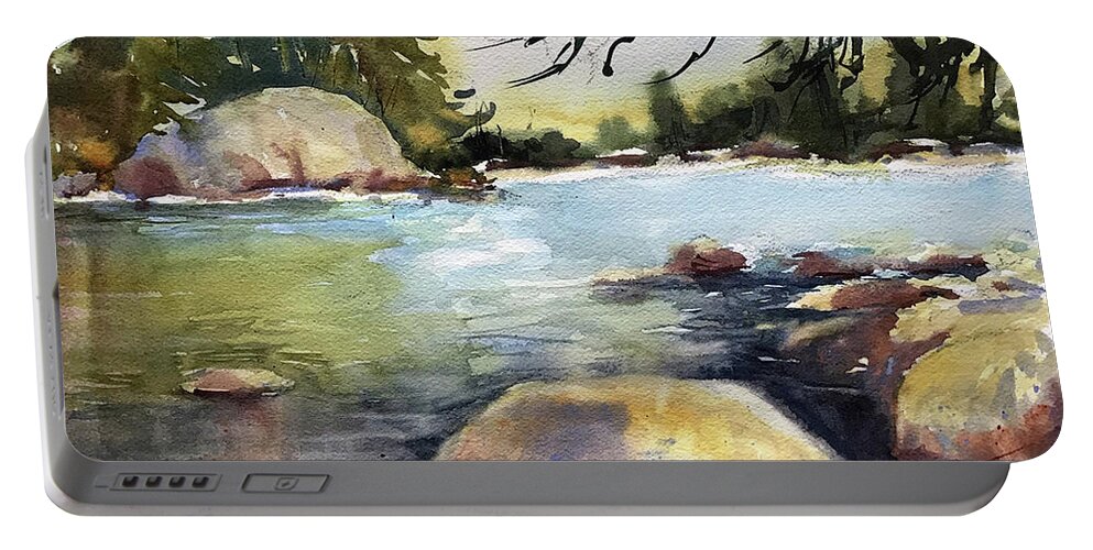 Landscape Portable Battery Charger featuring the painting Rocking the River by Judith Levins