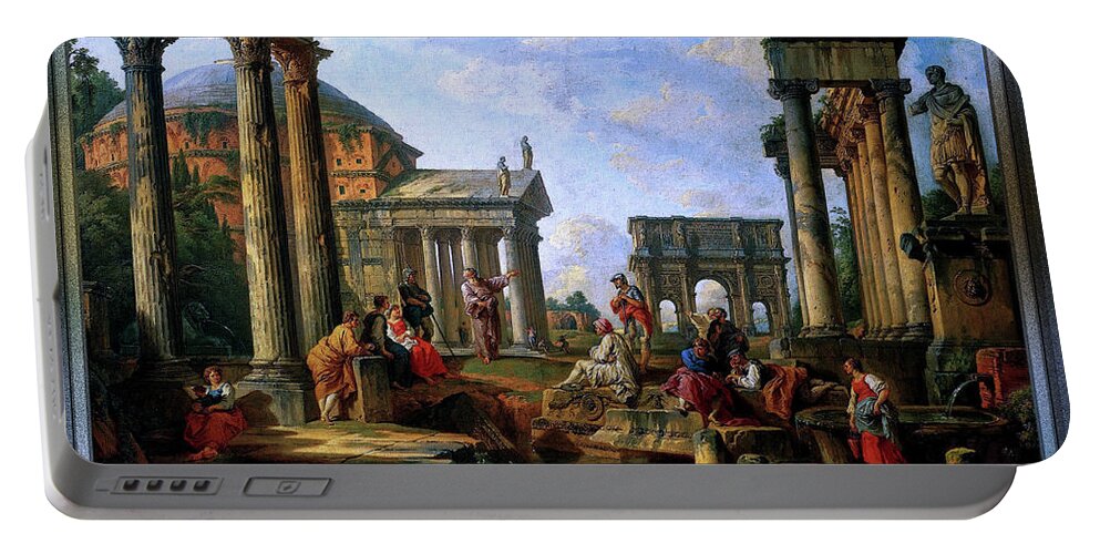 Roman Ruin With A Prophet Portable Battery Charger featuring the digital art Roman Ruin With A Prophet by Giovanni Paolo Pannini by Rolando Burbon