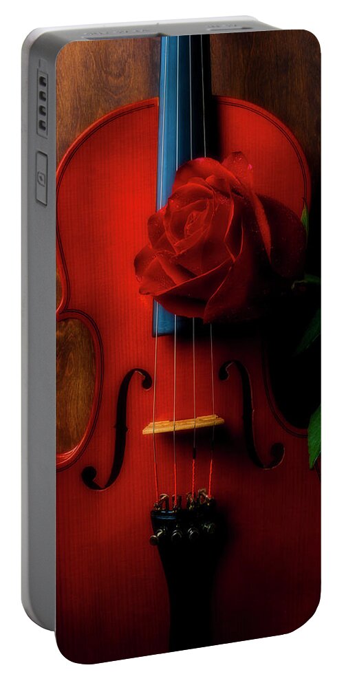 Violin Portable Battery Charger featuring the photograph Romantic Rose With Violin by Garry Gay
