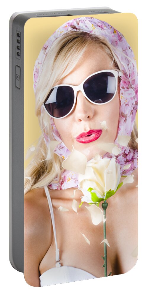 Kiss Portable Battery Charger featuring the photograph Romantic woman with flower by Jorgo Photography