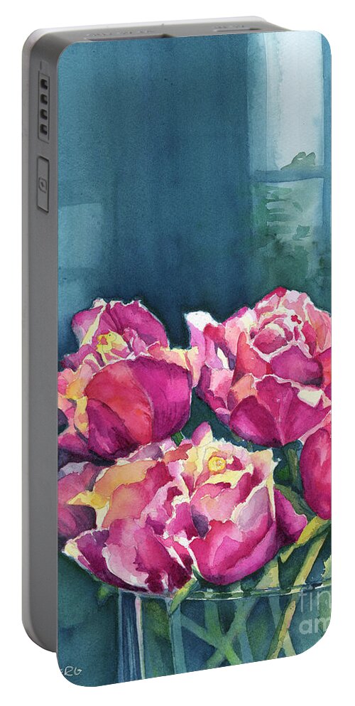 Face Mask Portable Battery Charger featuring the painting Rose and Window by Lois Blasberg