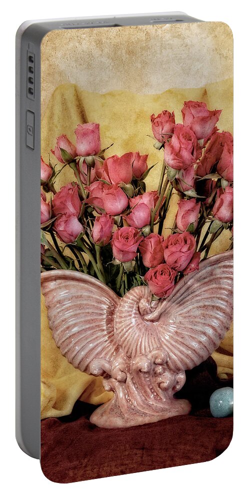 Pink Vase Portable Battery Charger featuring the photograph Roses in Pink Vintage Vase by Sandra Selle Rodriguez