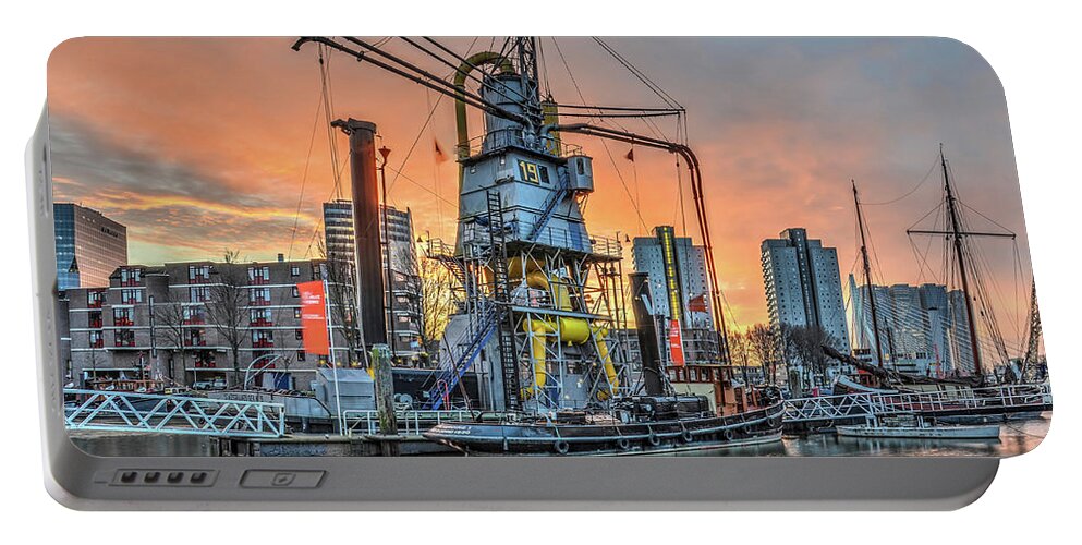 Rotterdam Portable Battery Charger featuring the photograph Rotterdam, Leuvehaven under a blood-red sky by Frans Blok