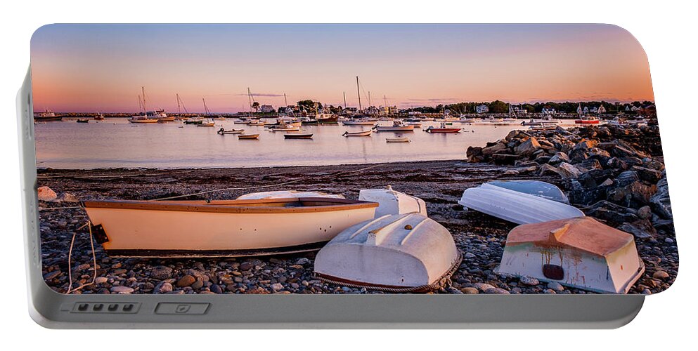 Beach Cobbles Portable Battery Charger featuring the photograph Rowboats at Rye Harbor, Sunset by Jeff Sinon