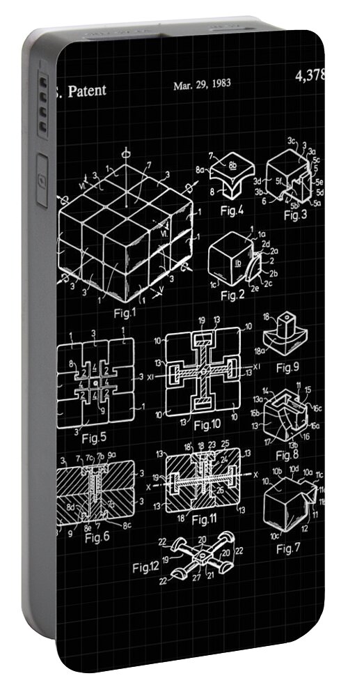 Rubik's Cube Portable Battery Charger featuring the digital art Rubik's Cube Patent 1983 - Black and White by Marianna Mills