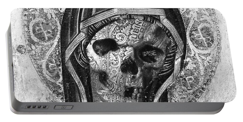 Sign Portable Battery Charger featuring the painting Rubino Vintage Retro Skull Metal by Tony Rubino