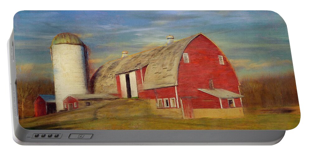 Red Barns Portable Battery Charger featuring the mixed media Ruby Red Barn Country by Colleen Taylor