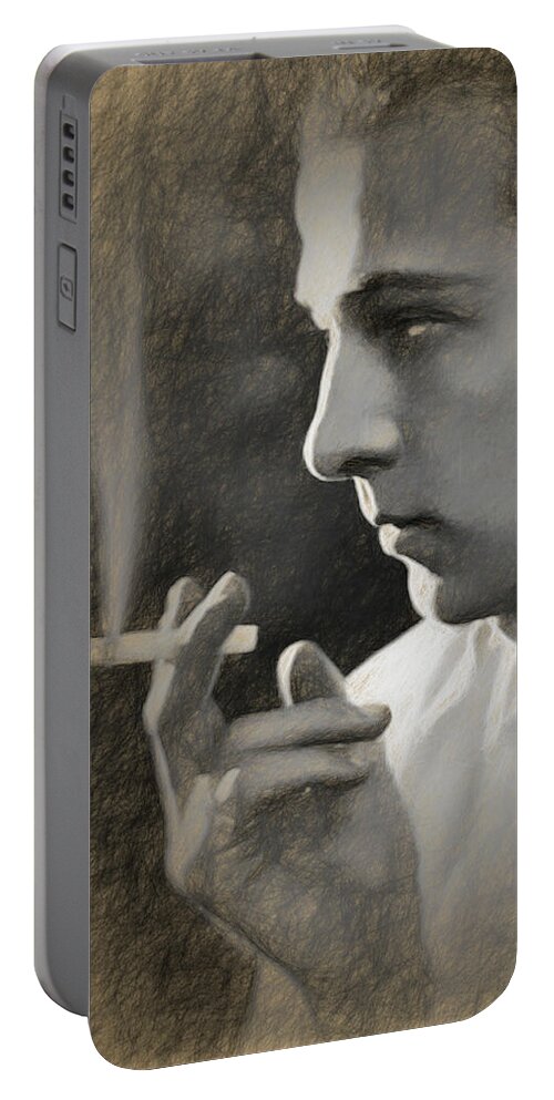Rudolph Valentino Portable Battery Charger featuring the digital art Rudolph Valentino in pencil by Joaquin Abella