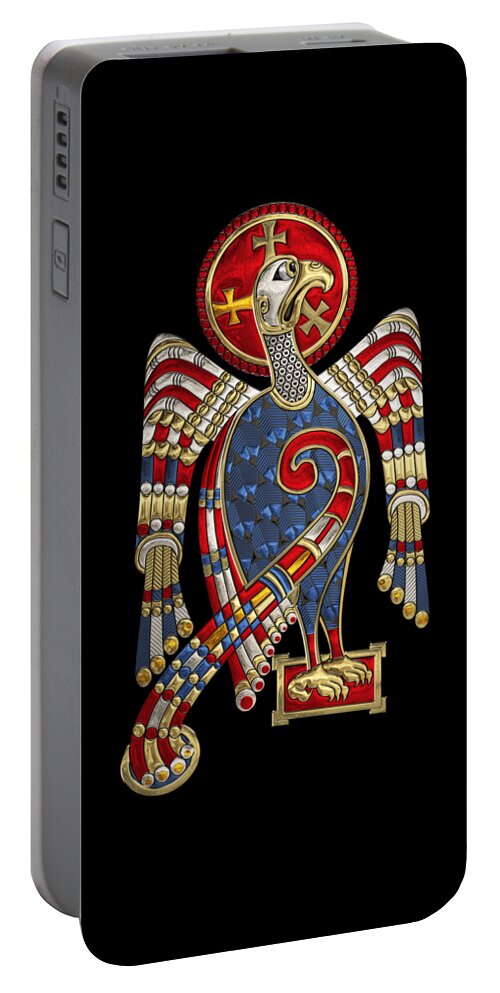 ‘celtic Treasures’ Collection By Serge Averbukh Portable Battery Charger featuring the digital art Sacred Celtic Eagle over Black Canvas by Serge Averbukh