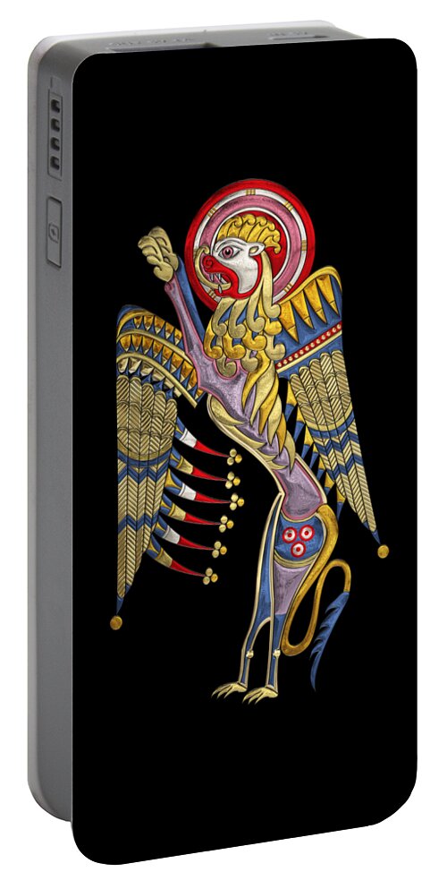 ‘celtic Treasures’ Collection By Serge Averbukh Portable Battery Charger featuring the digital art Sacred Celtic Lion over Black Canvas by Serge Averbukh