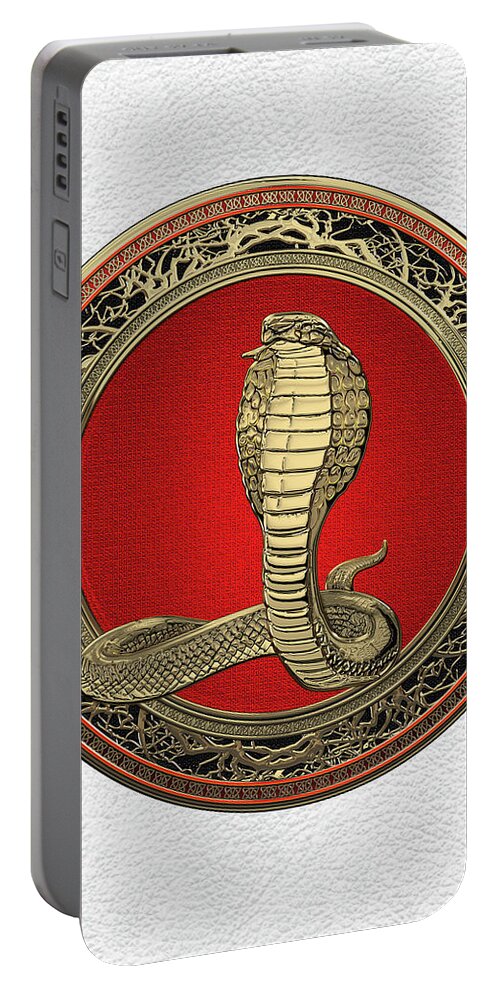 'beasts Creatures And Critters' Collection By Serge Averbukh Portable Battery Charger featuring the digital art Sacred Gold King Cobra on White Leather by Serge Averbukh
