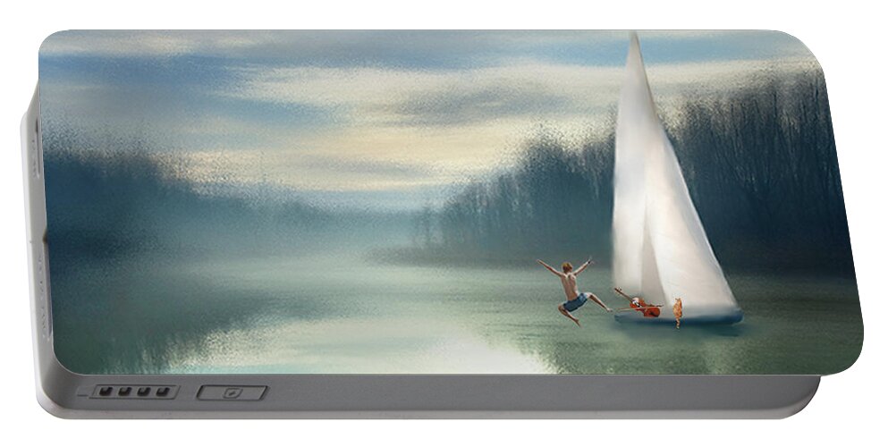 Sailing Boats Portable Battery Charger featuring the mixed media Sailing Down the River by Colleen Taylor