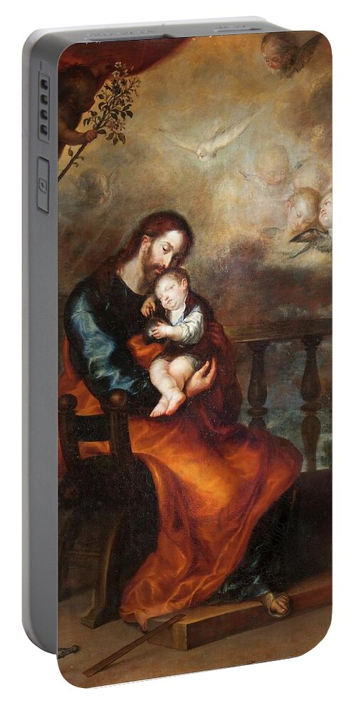 Camilo Francisco Portable Battery Charger featuring the painting 'Saint Joseph with the Christ Child Sleeping in his Arms'. 1652. Oil on canvas. by Francisco Camilo -1615-1673-