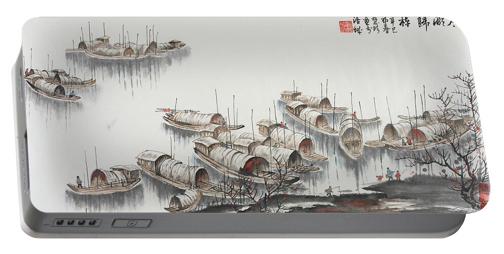 Chinese Watercolor Portable Battery Charger featuring the painting Sampan Harbor by Jenny Sanders