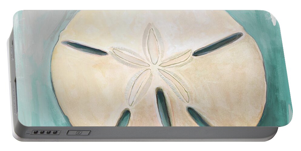 Sand Portable Battery Charger featuring the mixed media Sand Dollar On Teal by Diannart