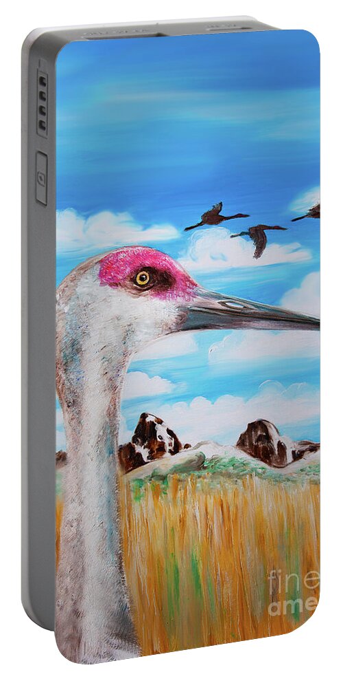 Sandhill Crane Portable Battery Charger featuring the painting Sandhill Crane Teton View by Shelley Myers