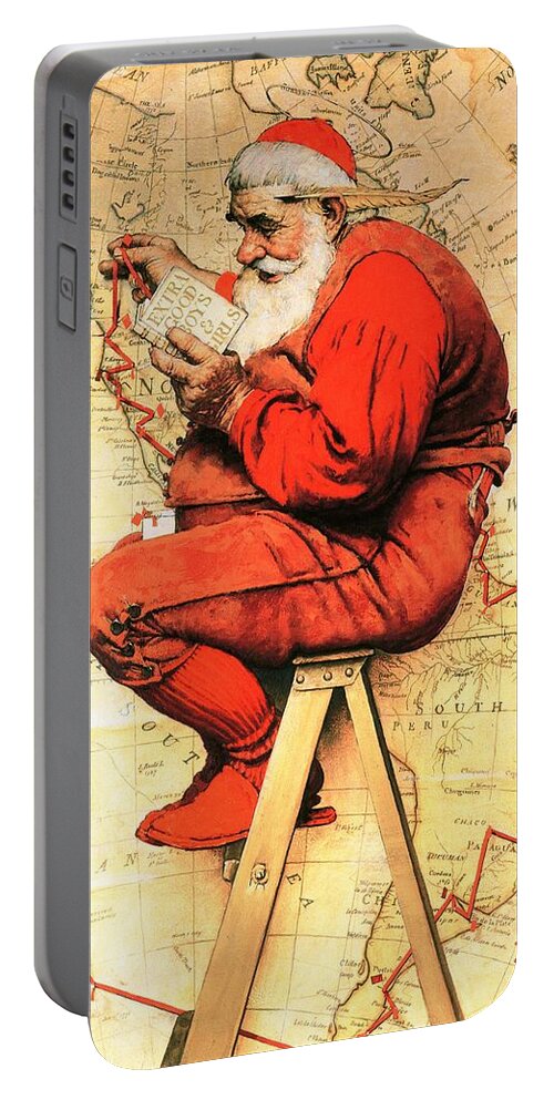 #faaAdWordsBest Portable Battery Charger featuring the painting Santa At The Map by Norman Rockwell