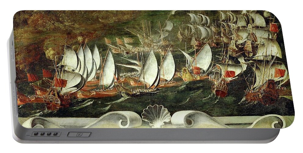 School: Venetian Portable Battery Charger featuring the painting Scenes of the naval battles of Francesco Morosini, -1618-1694-, May 1661. by School Venetian