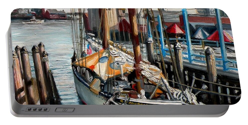 Gloucester Portable Battery Charger featuring the painting Schooner American Eagle, Gloucester, MA by Eileen Patten Oliver