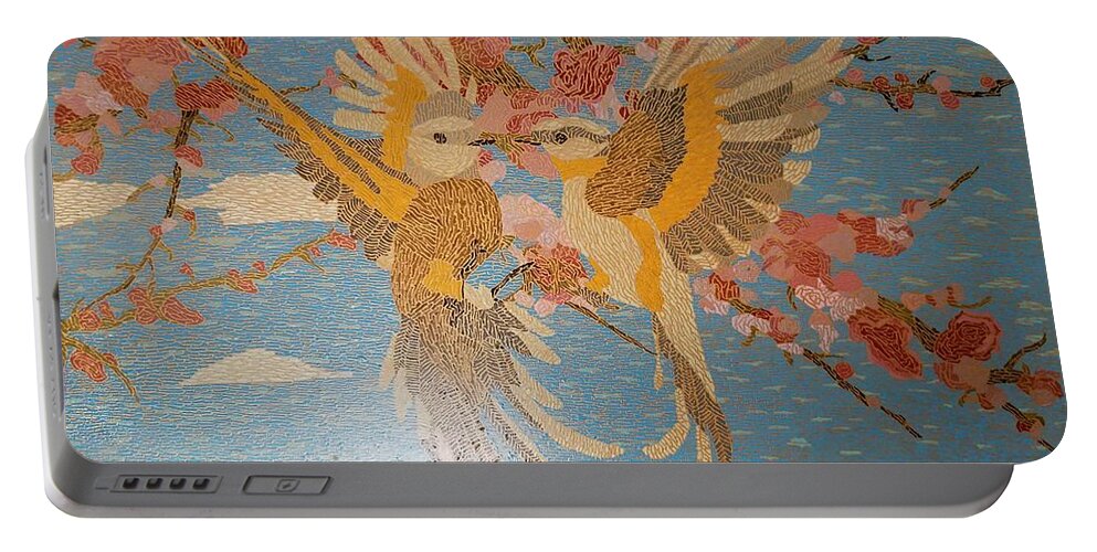 Scissortail Portable Battery Charger featuring the painting Scissortails in Cherry Blossoms by DLWhitson