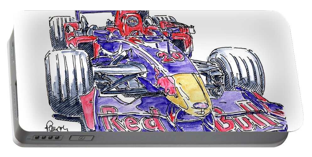 Scuderia Toro Rosso Str1 Portable Battery Charger featuring the drawing Scuderia Toro Rosso STR1 Formula 1 Racecar Ink Drawing and Water by Frank Ramspott