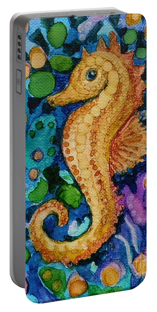 Bright Alcohol Ink Abstract Design Featuring A Golden Sea Horse Sliding Through A Sea Of Underwater Treasures In All The Colors Of The Rainbow. Six Inch Square Gallery-wrapped Canvas Is Ready To Hang. Portable Battery Charger featuring the painting Sea Steed by Joan Clear