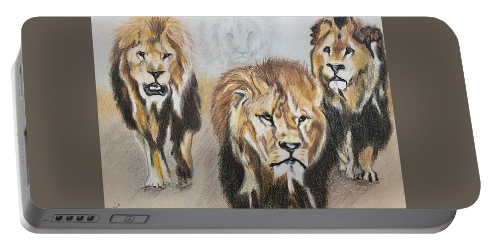 Lions Portable Battery Charger featuring the painting Searching for the Dentist by Maris Sherwood