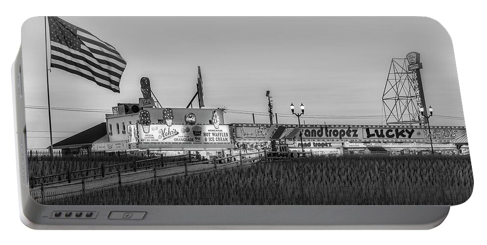 Casino Pier Portable Battery Charger featuring the photograph Seaside Heights Boardwalk BW by Susan Candelario