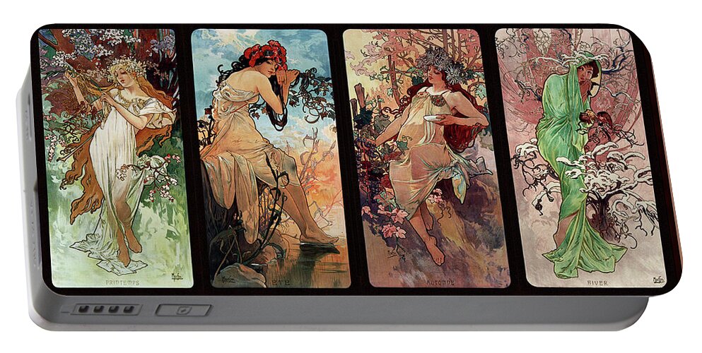 Seasons Portable Battery Charger featuring the painting Seasons by Alphonse Mucha by Rolando Burbon