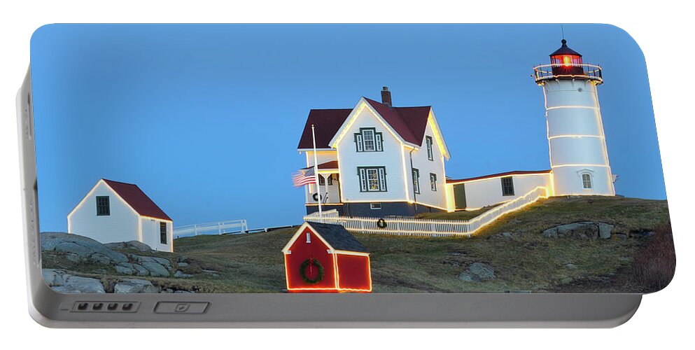 Nubble Lighthouse Portable Battery Charger featuring the photograph Season's Greetings from The Nubble by Luke Moore