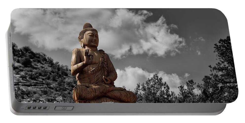Golden Portable Battery Charger featuring the photograph Sedona Buddha by Alan Goldberg