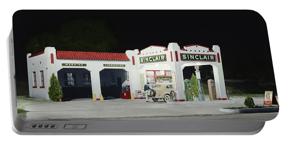 Service Portable Battery Charger featuring the photograph Service Station at Night by Retrographs