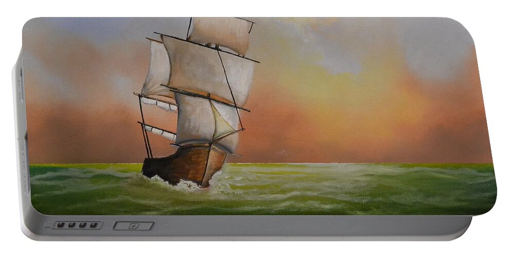 This Is An Oil Painting Of A Sailing Ship On The Ocean. The Ocean Is Calm With Small Waves Breaking On The Ship's Hull. The Sun Is Attempting To Break Out Of The Clouds. The Sun Light Is Being Reflected Off Of The Waves. The Ship Has Most Of It's Sails Opened Up For The Wind.i Created Some Low Hanging Clouds On The Horizon. The Ship Is Made Of Wood And I Detailed The Hull To Expose The Wooden Planks. This Sailing Ship Is From The 1800's. The Painting Is A Great Gift. Portable Battery Charger featuring the painting Setting Sail by Martin Schmidt