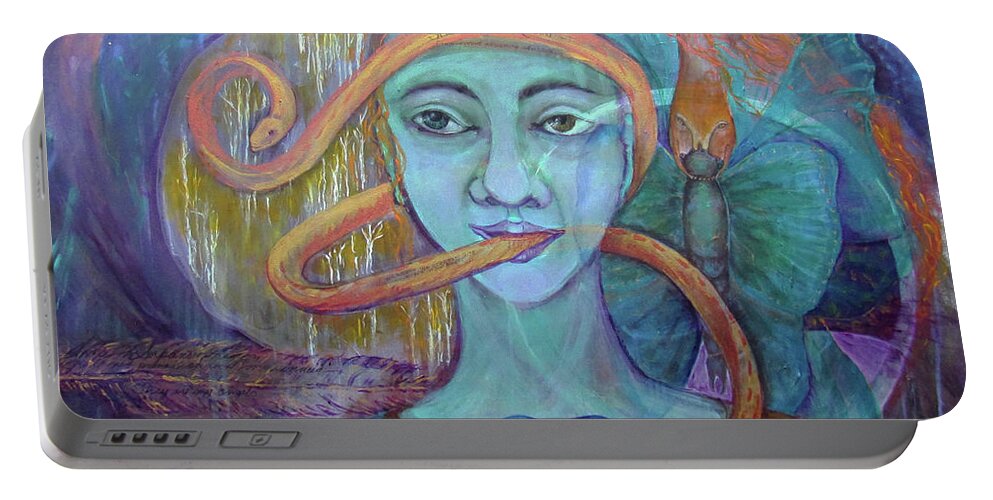 Shamanic Painting. Visionary Painting. Snake Symbolism Portable Battery Charger featuring the painting She Is Not Afraid of Transformation by Feather Redfox