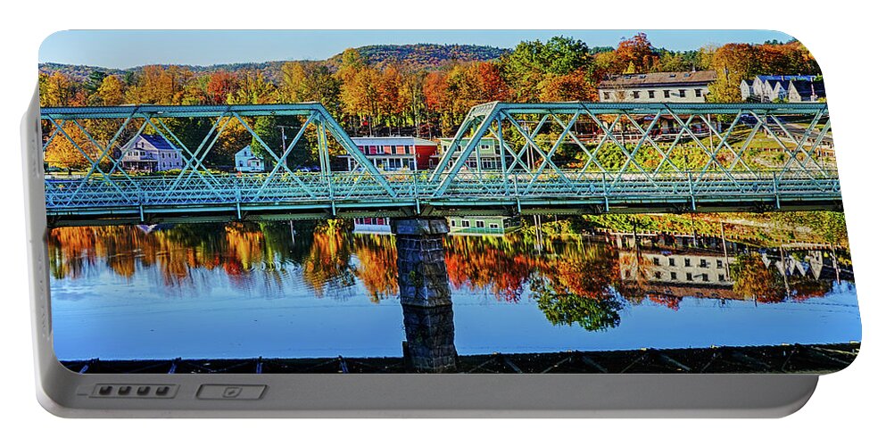 Shelburne Portable Battery Charger featuring the photograph Shelburne Falls Bridge Street Fall Foliage Autumn Reflection by Toby McGuire