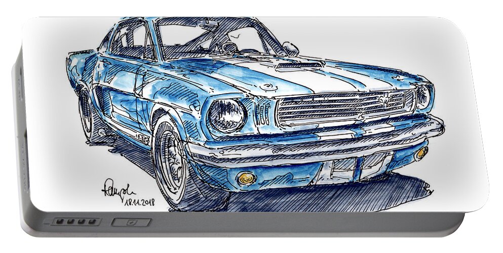 Shelby Portable Battery Charger featuring the drawing Shelby Mustang GT350 Classic Car Ink Drawing and Watercolor by Frank Ramspott