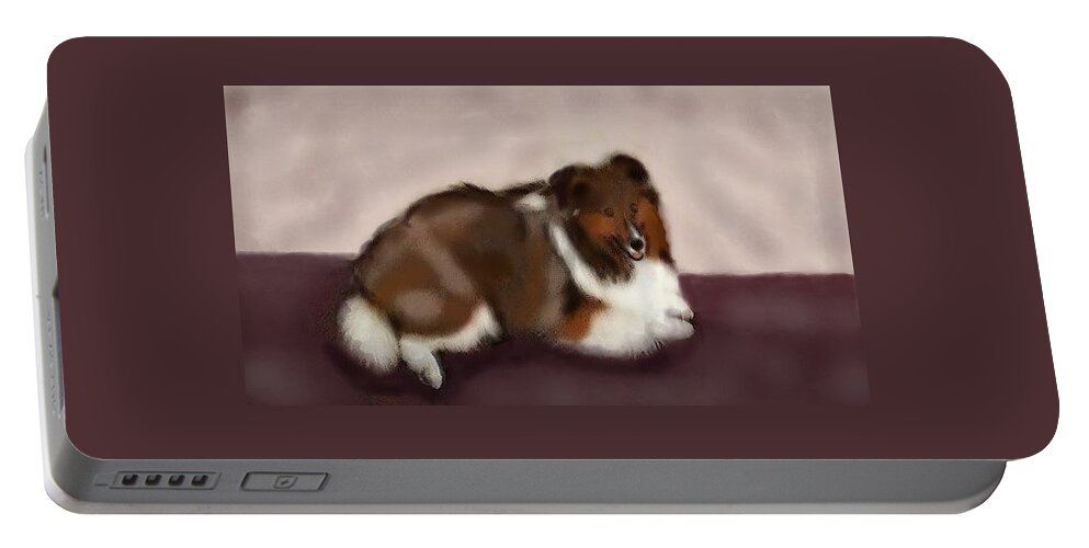 Sheltie Portable Battery Charger featuring the digital art Sheltie at Rest by Angela Davies