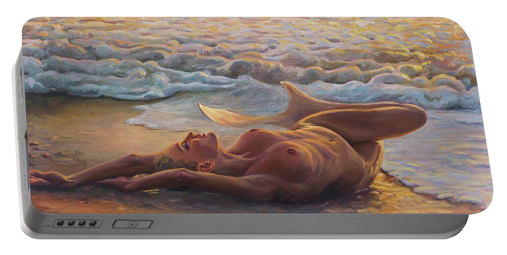 Mermaid Portable Battery Charger featuring the painting Shining In The Sunset by Marco Busoni