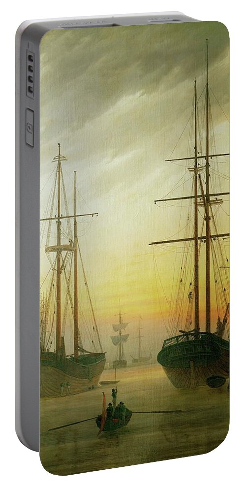 Caspar David Friedrich Portable Battery Charger featuring the painting Ships in the harbour. Oil on canvas. by Caspar David Friedrich -1774-1840-