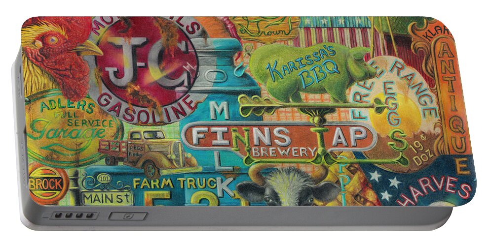 Sureal Collage Portable Battery Charger featuring the drawing Signs of the Time by Scott Brennan