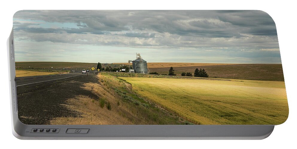 Silos And Sunny Wheat Portable Battery Charger featuring the photograph Silos and Sunny Wheat by Tom Cochran
