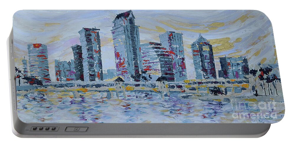 Tampa Skyline Portable Battery Charger featuring the painting Silvery Tampa Skyline by Jyotika Shroff