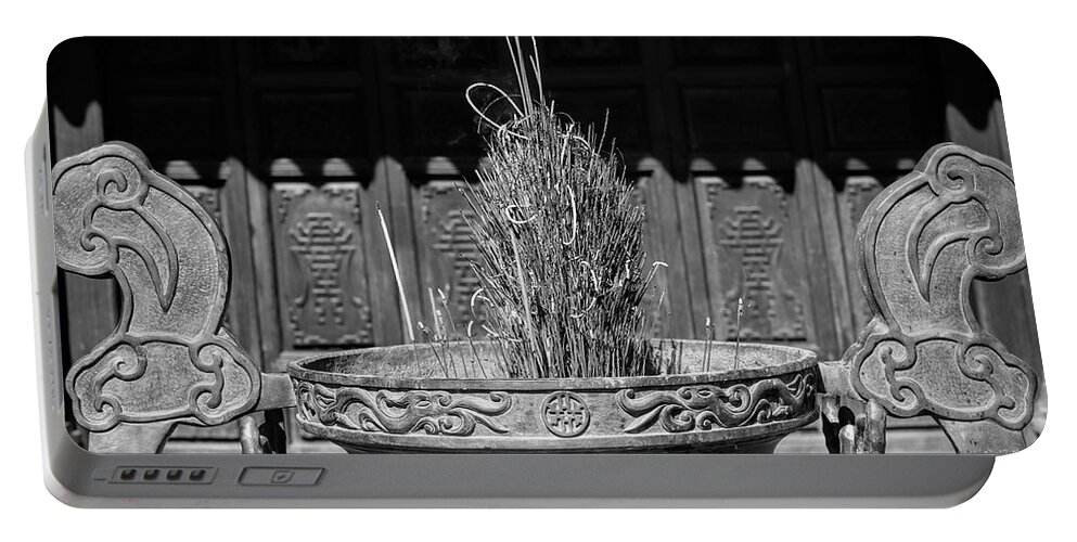 Vietnam Portable Battery Charger featuring the photograph Simple Vietnam Black White Incense Burn by Chuck Kuhn