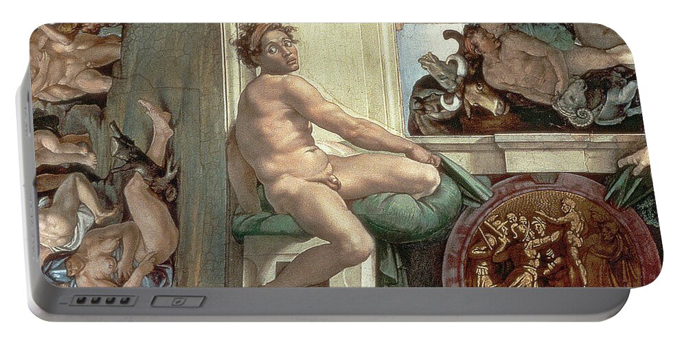 Sistine Portable Battery Charger featuring the painting Sistine Chapel Ceiling, Detail Of One Of The Ignudi by Michelangelo Buonarroti