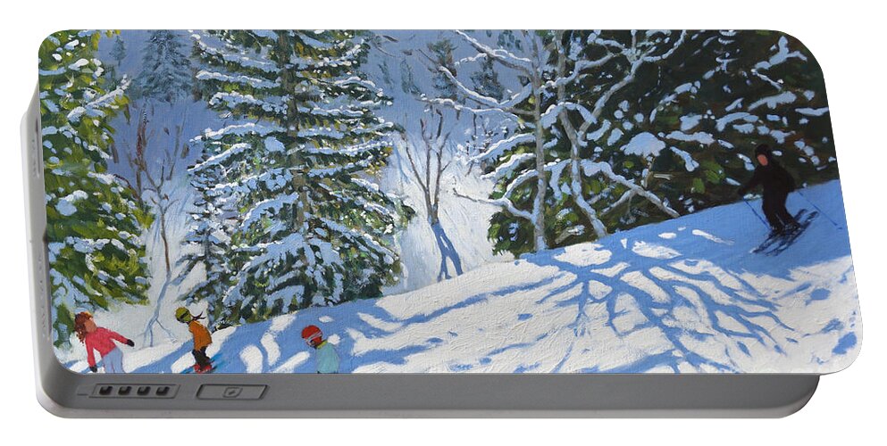 Skiing Courchevel To La Tania Portable Battery Charger featuring the painting Skiing Courchevel to La Tania by Andrew Macara