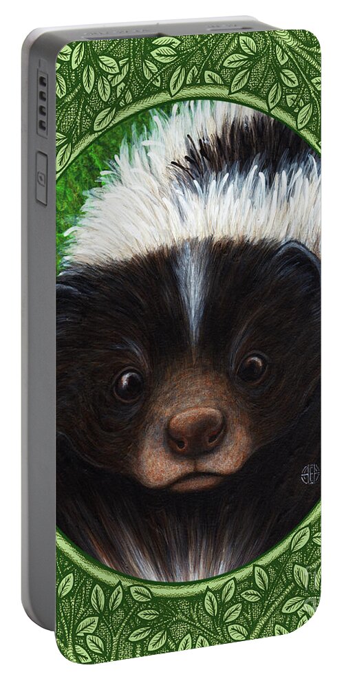 Animal Portrait Portable Battery Charger featuring the painting Skunk Portrait - Green Border by Amy E Fraser