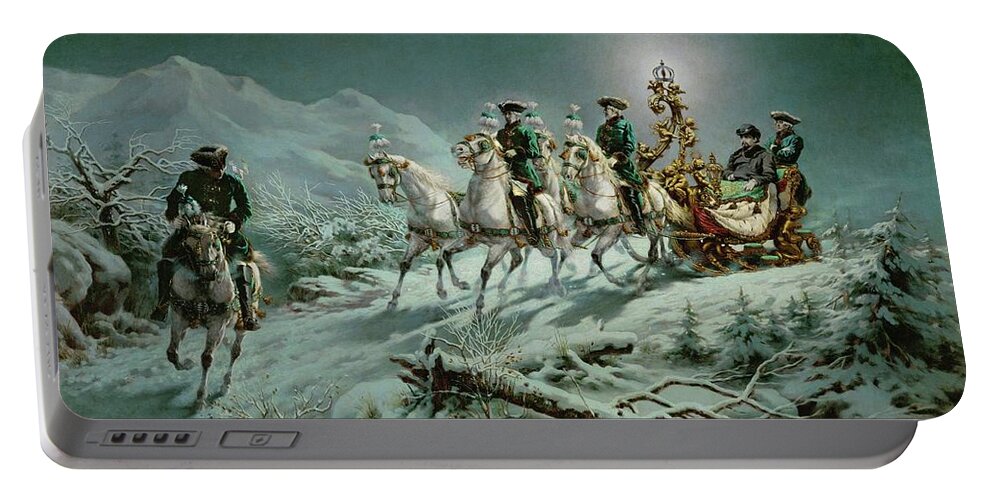 Ludwig Ii Of Bavaria Portable Battery Charger featuring the painting Sleighride by night of King Ludwig II in the Ammer-Mountains, around 1880. by Richard Wenig RICHARD WENIG -AROUND 1880-